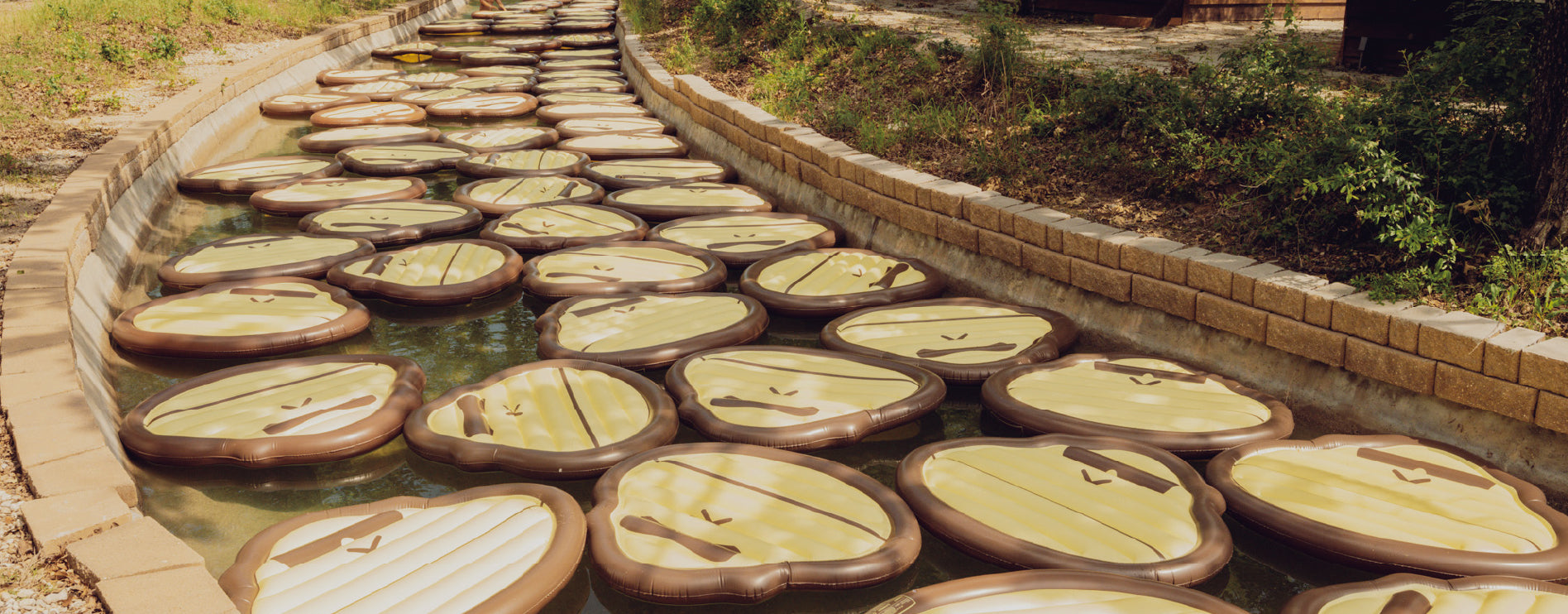 Decorative Sonny ape pool floats arranged in a pattern on a lazy river.