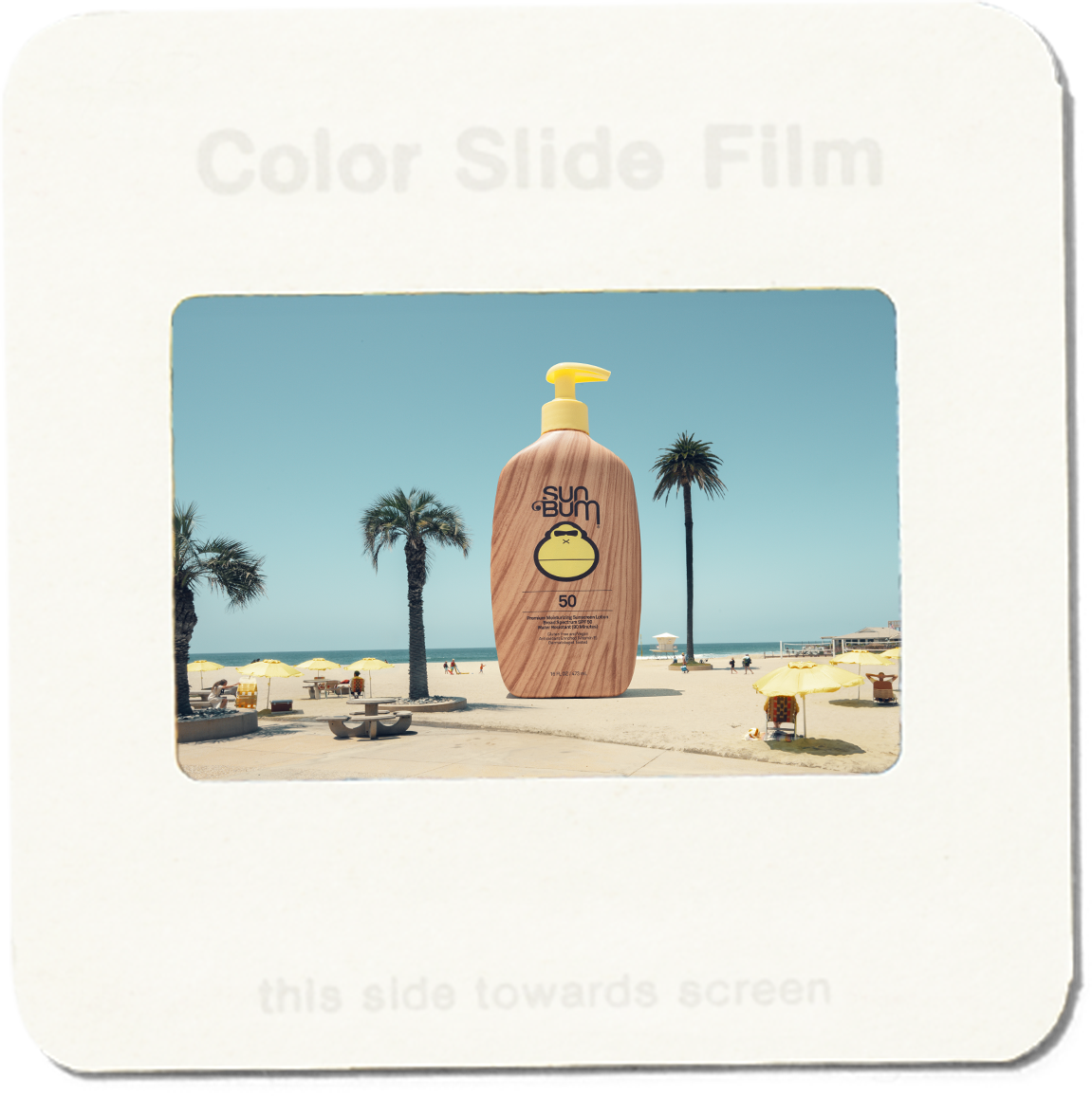 Suntan lotion bottle on a beach scene with palm trees and blue sky.