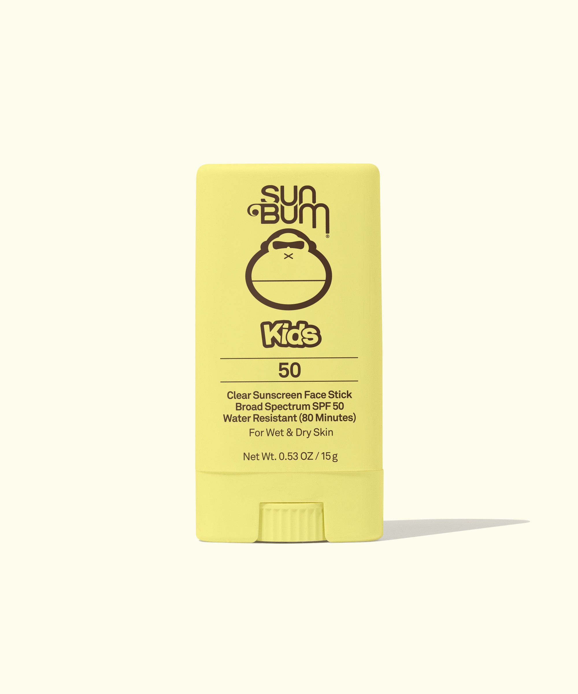 Kids Clear Sunscreen Stick SPF 50 - Front view of Sun Bum Kids SPF 50 Clear Sunscreen Face Stick showing active ingredients and directions for use, Sun Bum