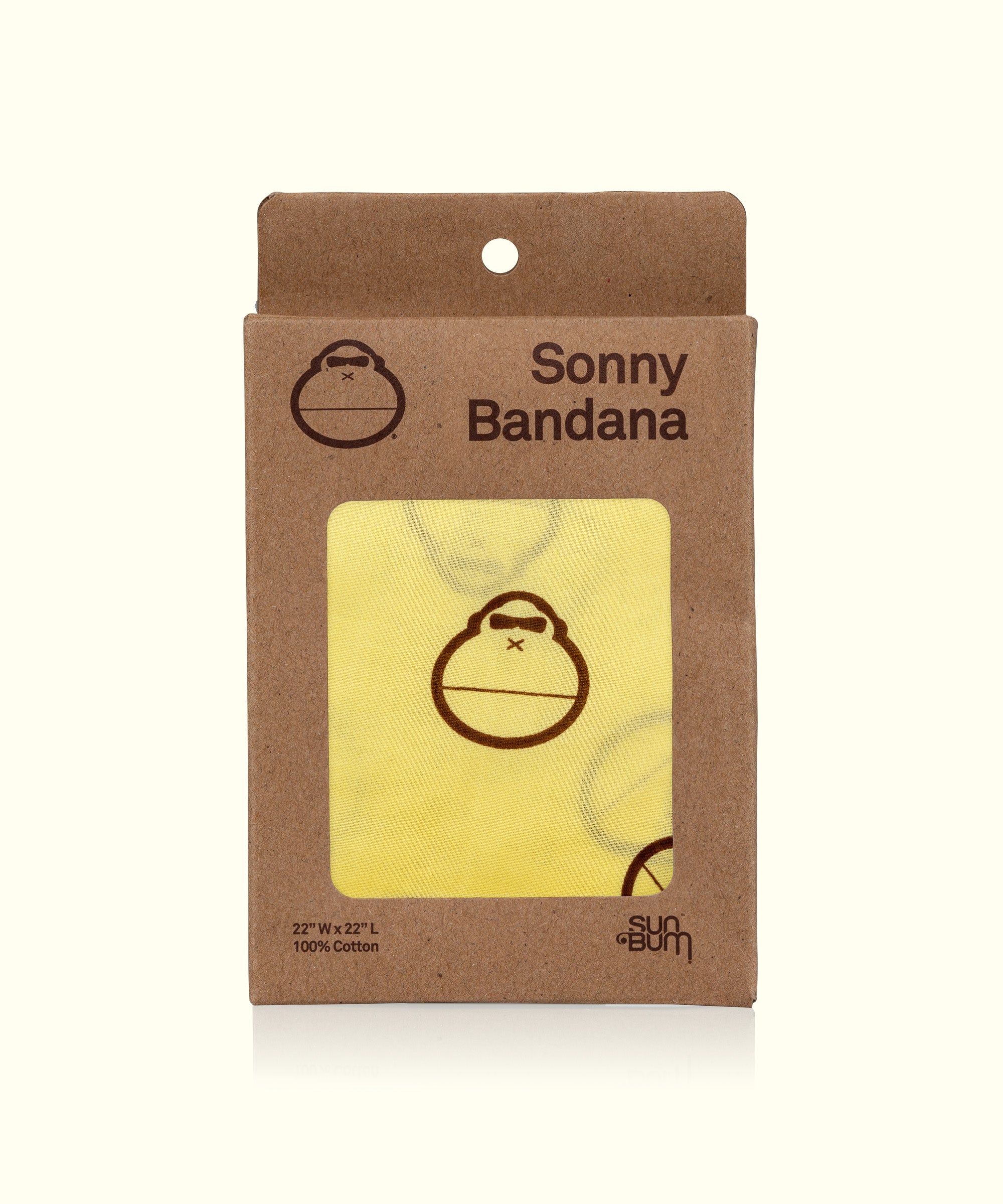 Yellow Sonny Bandana in packaging, featuring a cute monkey logo, versatile for headwear, neck protection, or bib, brought to you by Sun Bum.
