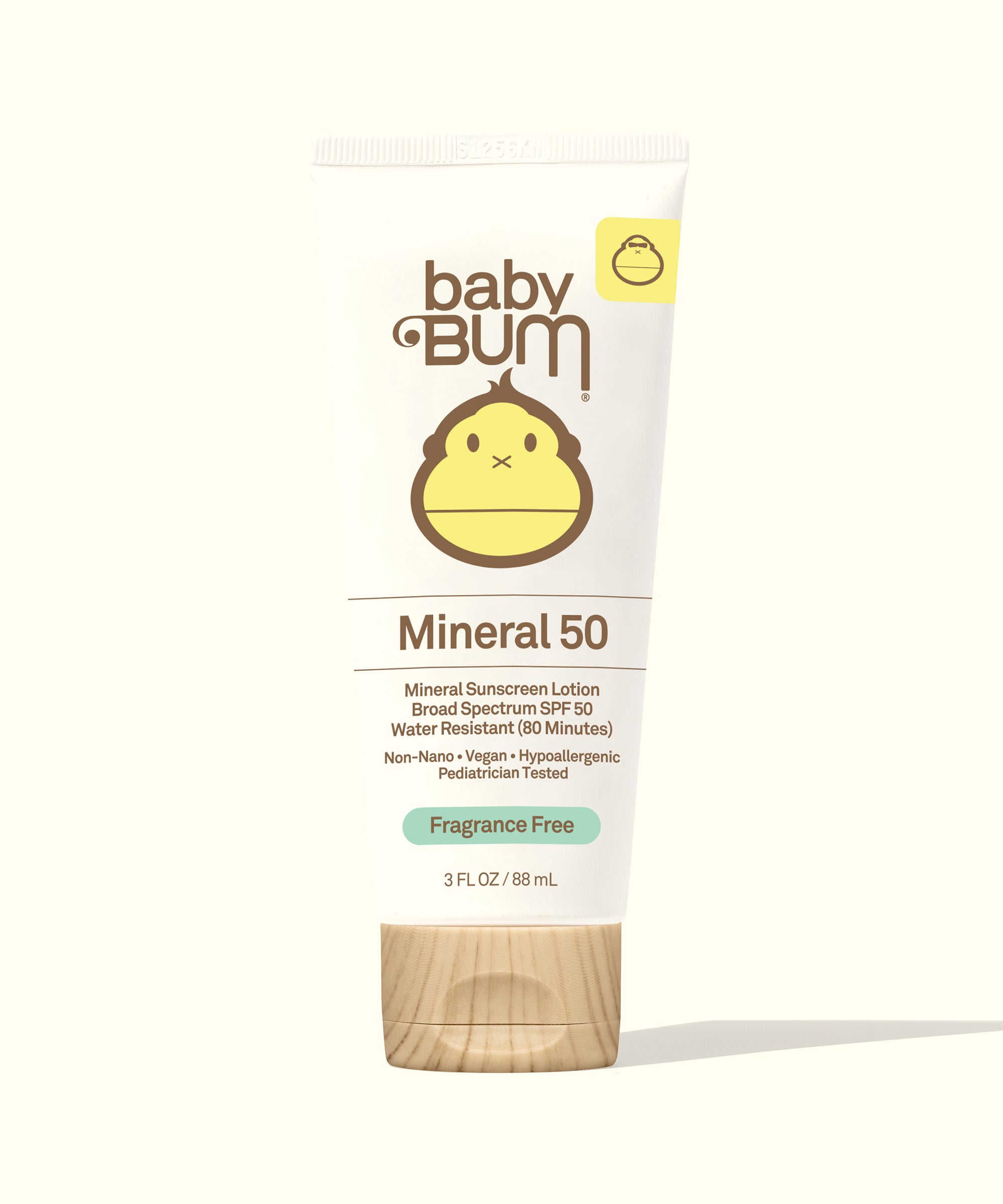 Baby Bum Mineral SPF 50 Sunscreen Lotion in a 3 oz tube providing 100% mineral-based, broad spectrum, lightweight protection, fragrance-free, non-greasy, easy to blend, Baby Bum