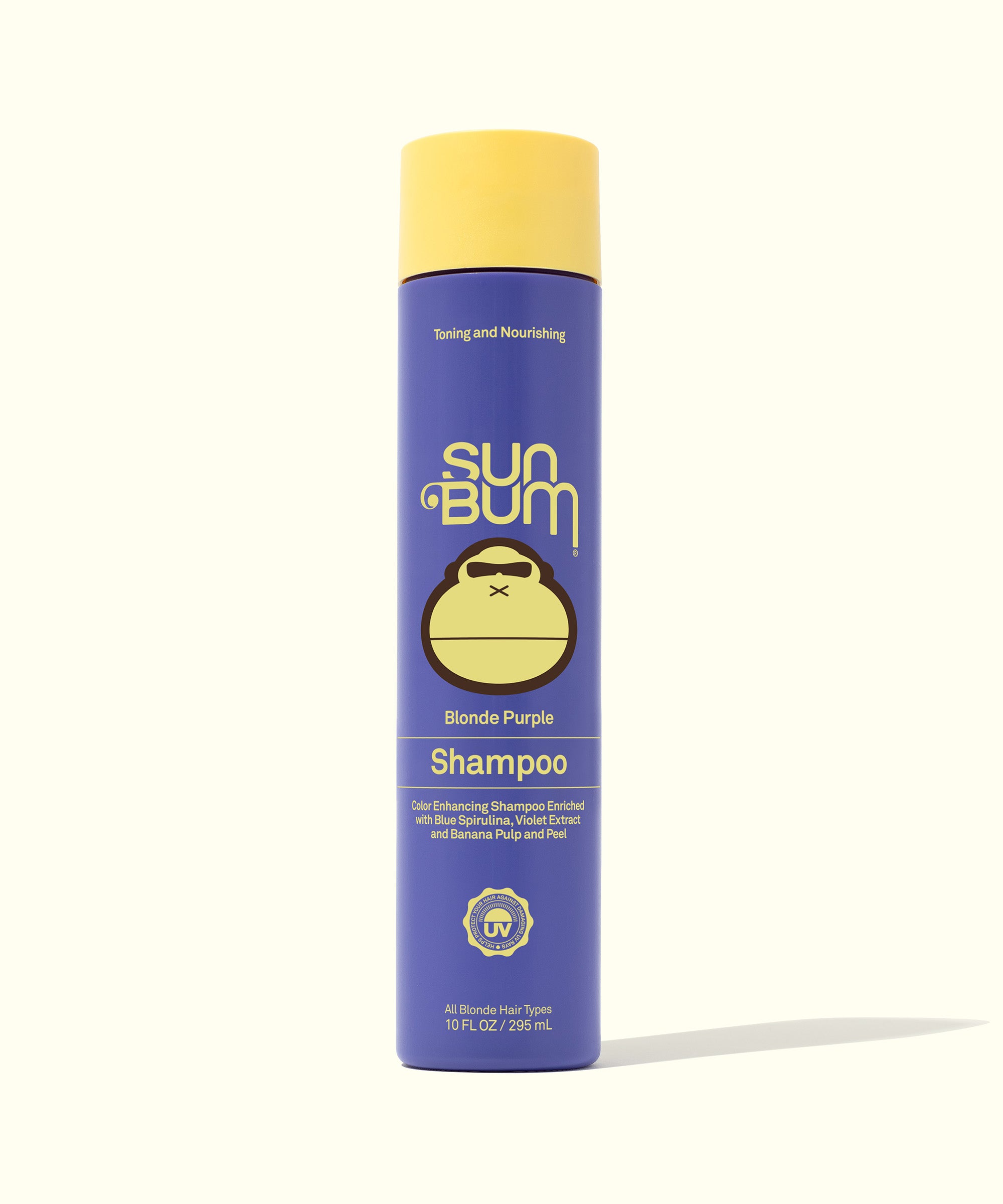 Purple Shampoo - Front view of a bottle of Blonde Purple Shampoo with a yellow cap, featuring key ingredients like Blue Spirulina, Violet extracts, and Banana, designed to cleanse and tone natural and color-treated blonde and brown hair. Sun Bum.