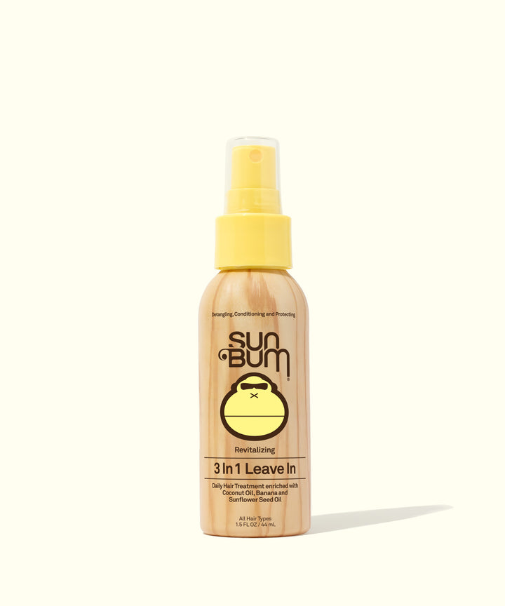 Bottle of Sun Bum 3 In 1 Leave In hair care spray, designed to detangle, condition, and protect hair. Sun Bum.