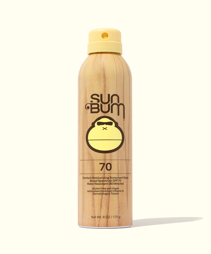 Continuous spray sunscreen provides broad spectrum SPF 70 protection while enriching skin with Vitamin E - a beach bag essential. Sun Bum