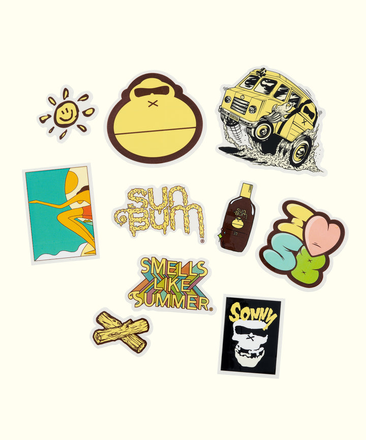 Pack of 10 colorful vinyl stickers featuring surf vibes, a sun, a beach van, and the signature Sun Bum logo.
