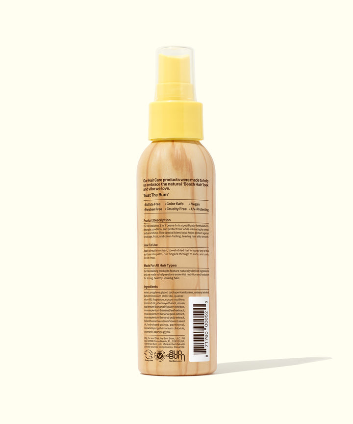 Back of the 3 In 1 Leave In hair care bottle with text detailing its benefits to detangle, condition, and protect hair. Sun Bum.