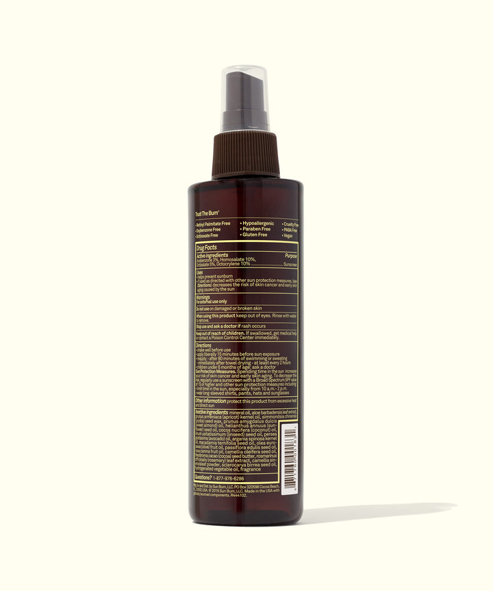 Rear view of SPF 15 Sunscreen Tanning Oil bottle with detailed product information, Sun Bum.