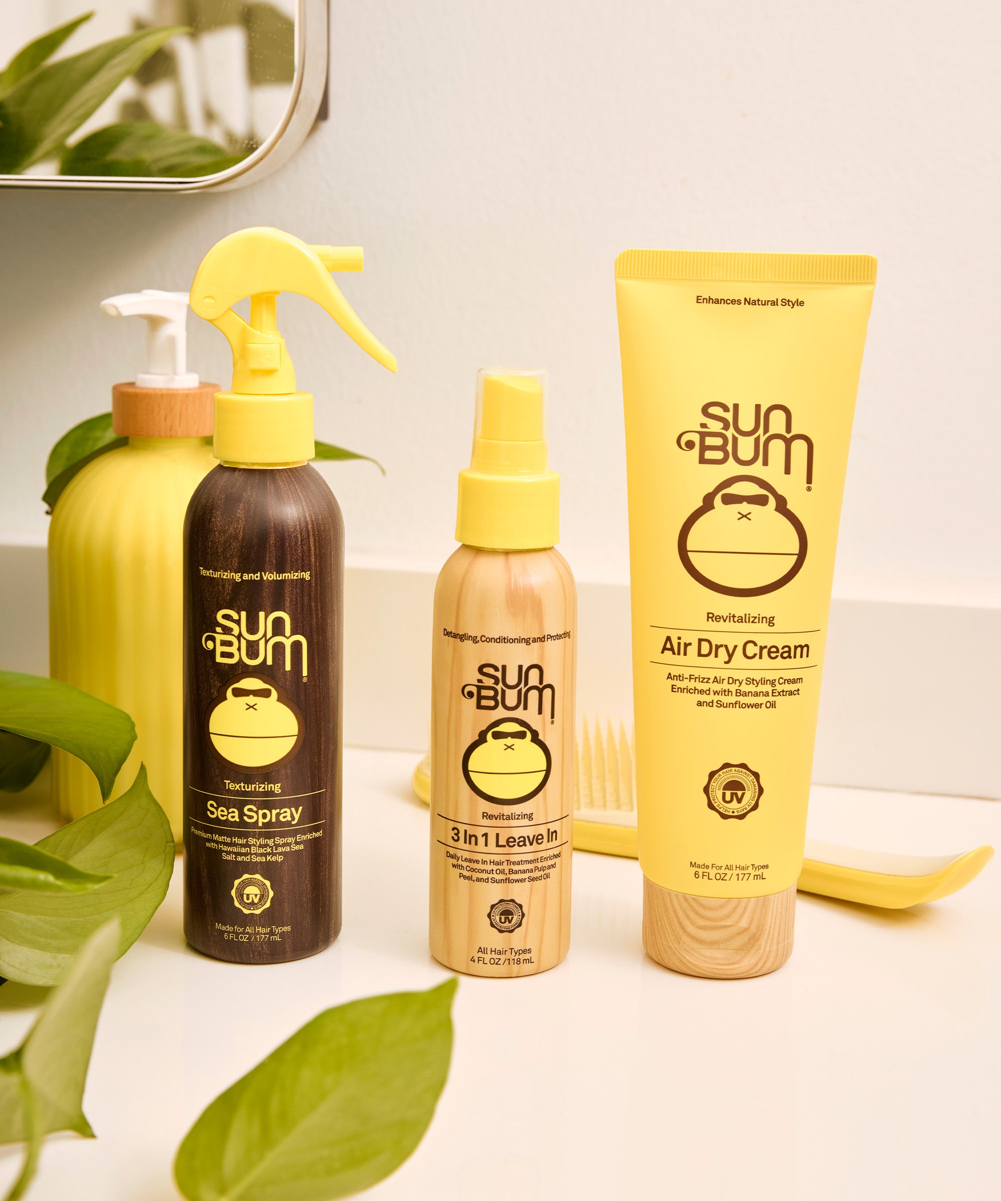 Revitalizing Air Dry Cream smooths flyaways, enhances natural texture, made with Banana and Sunflower Oil by Sun Bum.