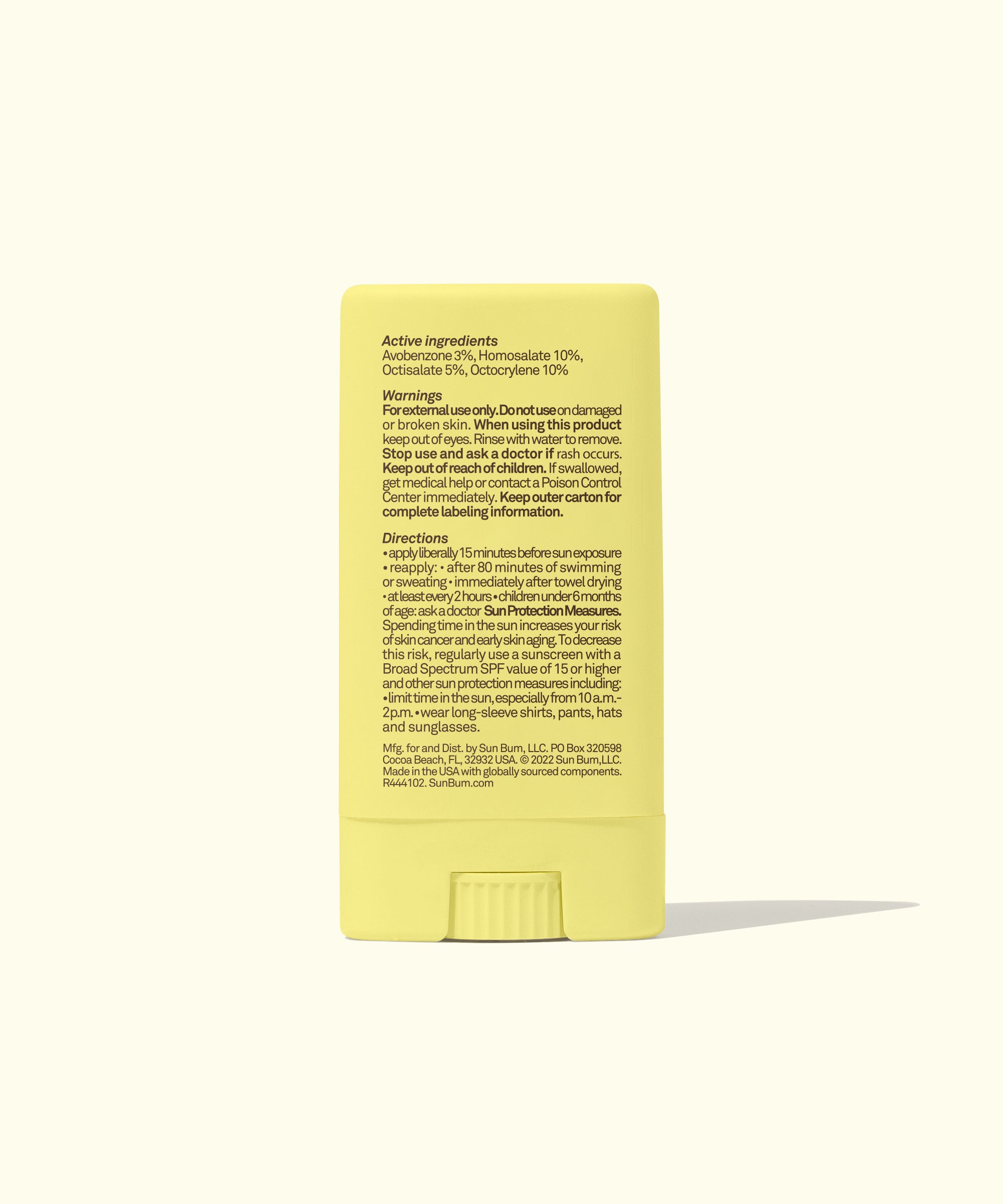 Back view of Kids SPF 50 Clear Sunscreen Face Stick with active ingredients and directions. Sun Bum.