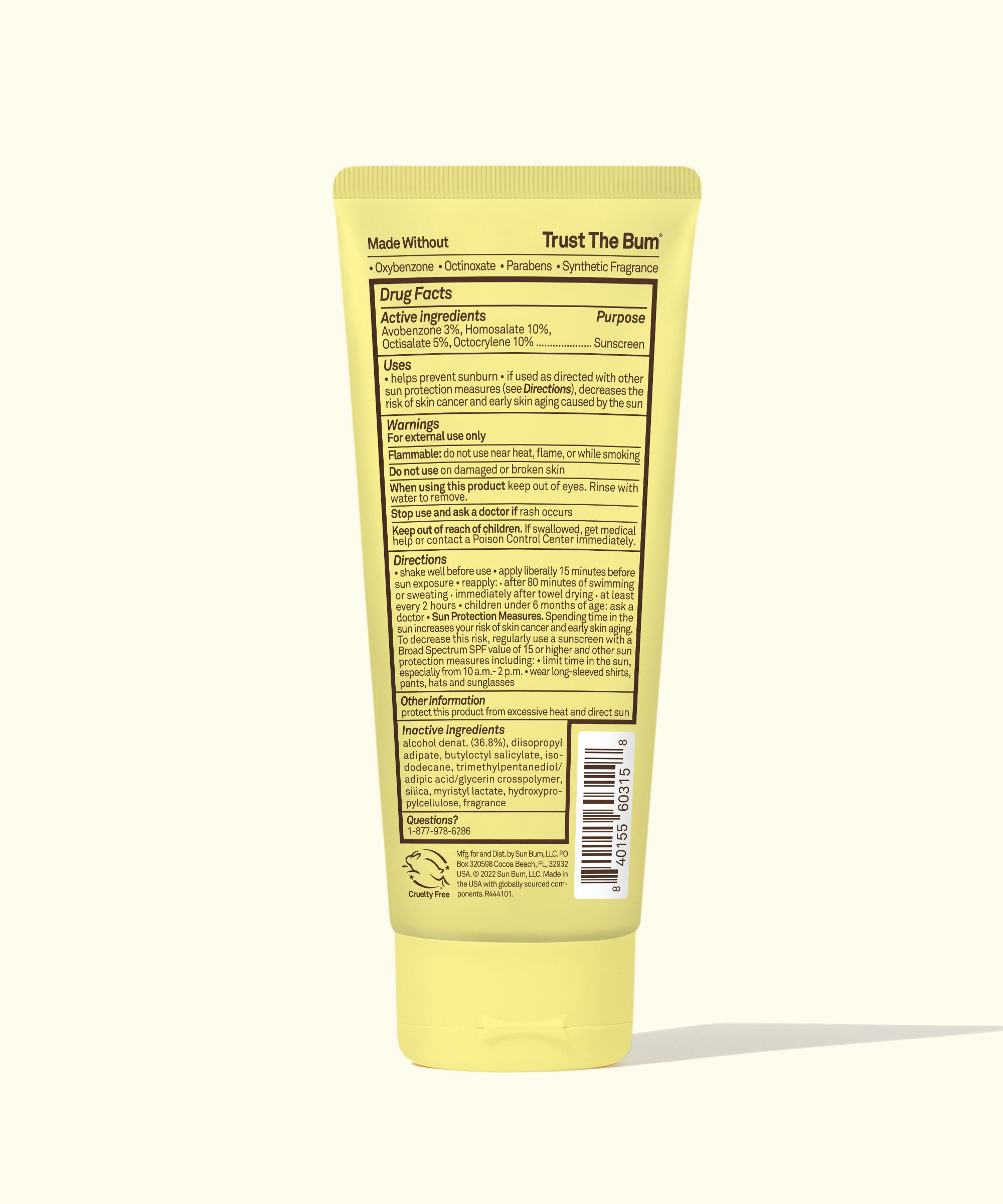 Back of Kids SPF 50 Clear Sunscreen Lotion tube showing ingredients and usage instructions by Sun Bum