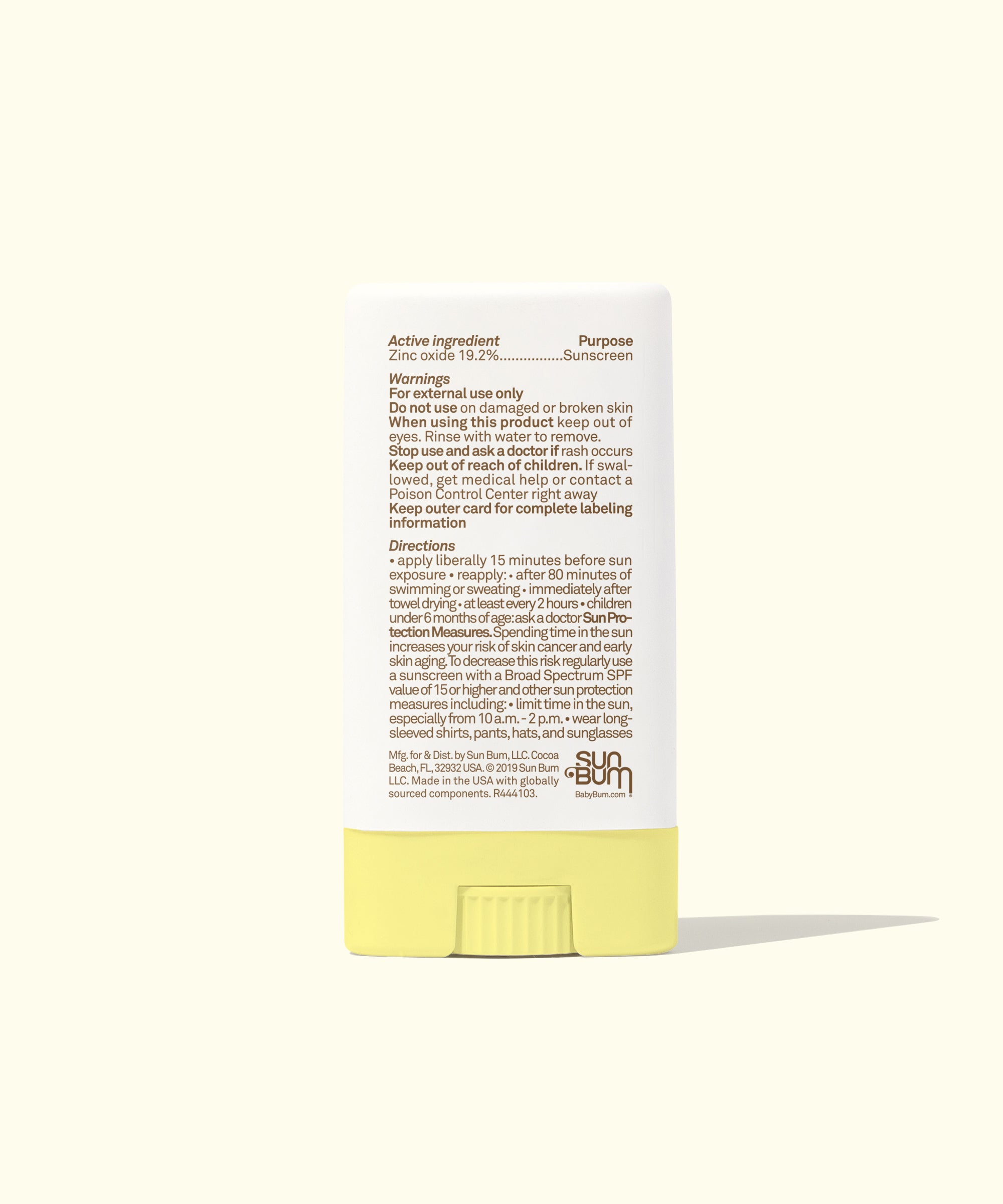 Back view of Baby Bum SPF 50 Sunscreen Face Stick showing product details and directions, Baby Bum