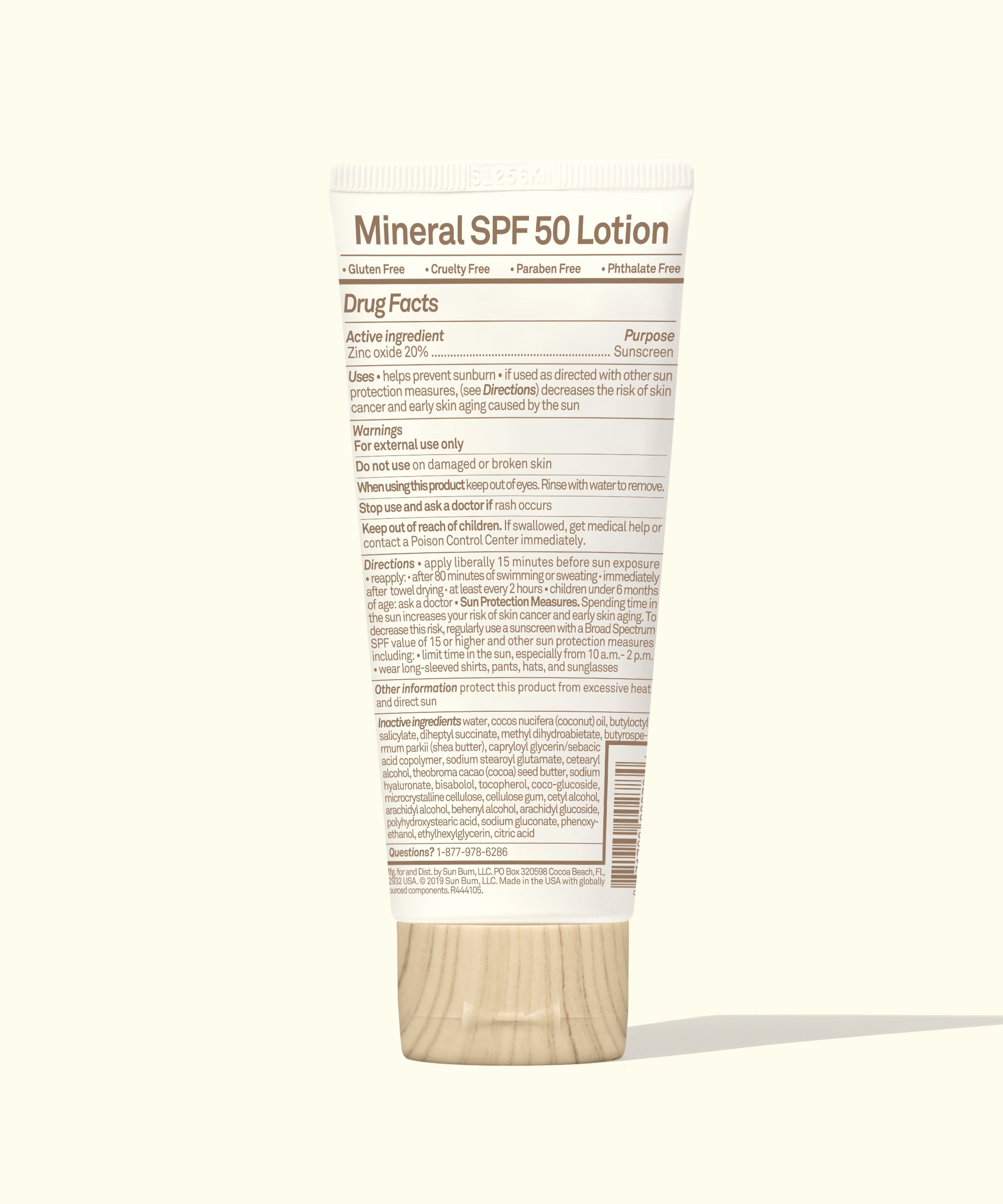 Back view of Baby Bum Mineral SPF 50 Sunscreen Lotion showing drug facts and usage instructions by Baby Bum