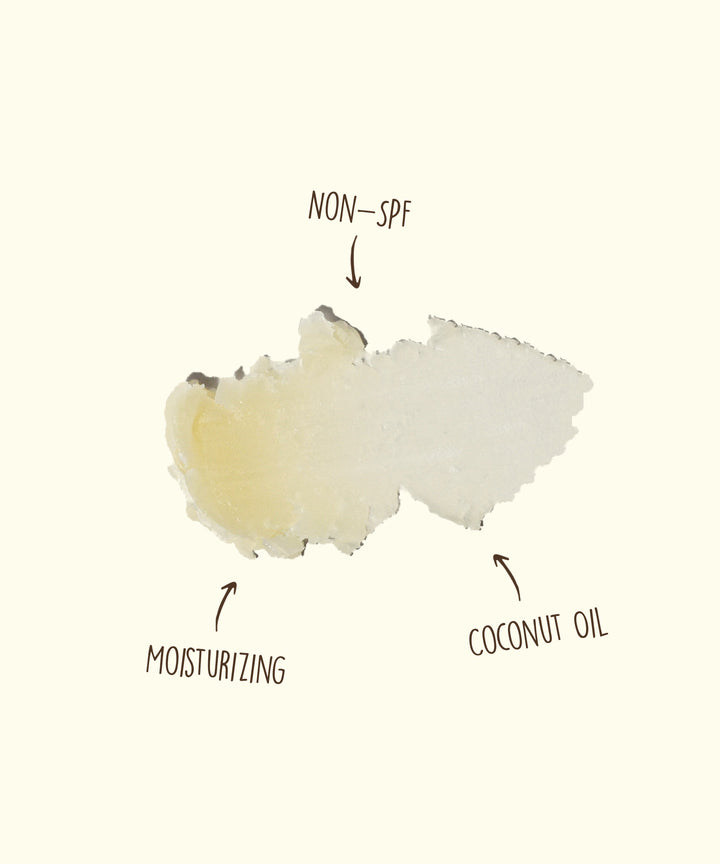 Close-up of CocoBalm Lip Balm showing non-SPF, moisturizing, coconut oil ingredients, Sun Bum.