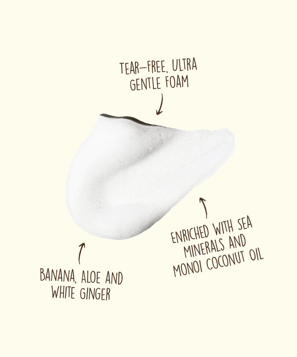 Ultra gentle, tear-free foaming shampoo enriched with sea minerals, monoi coconut oil, banana, aloe, and white ginger. Baby Bum.