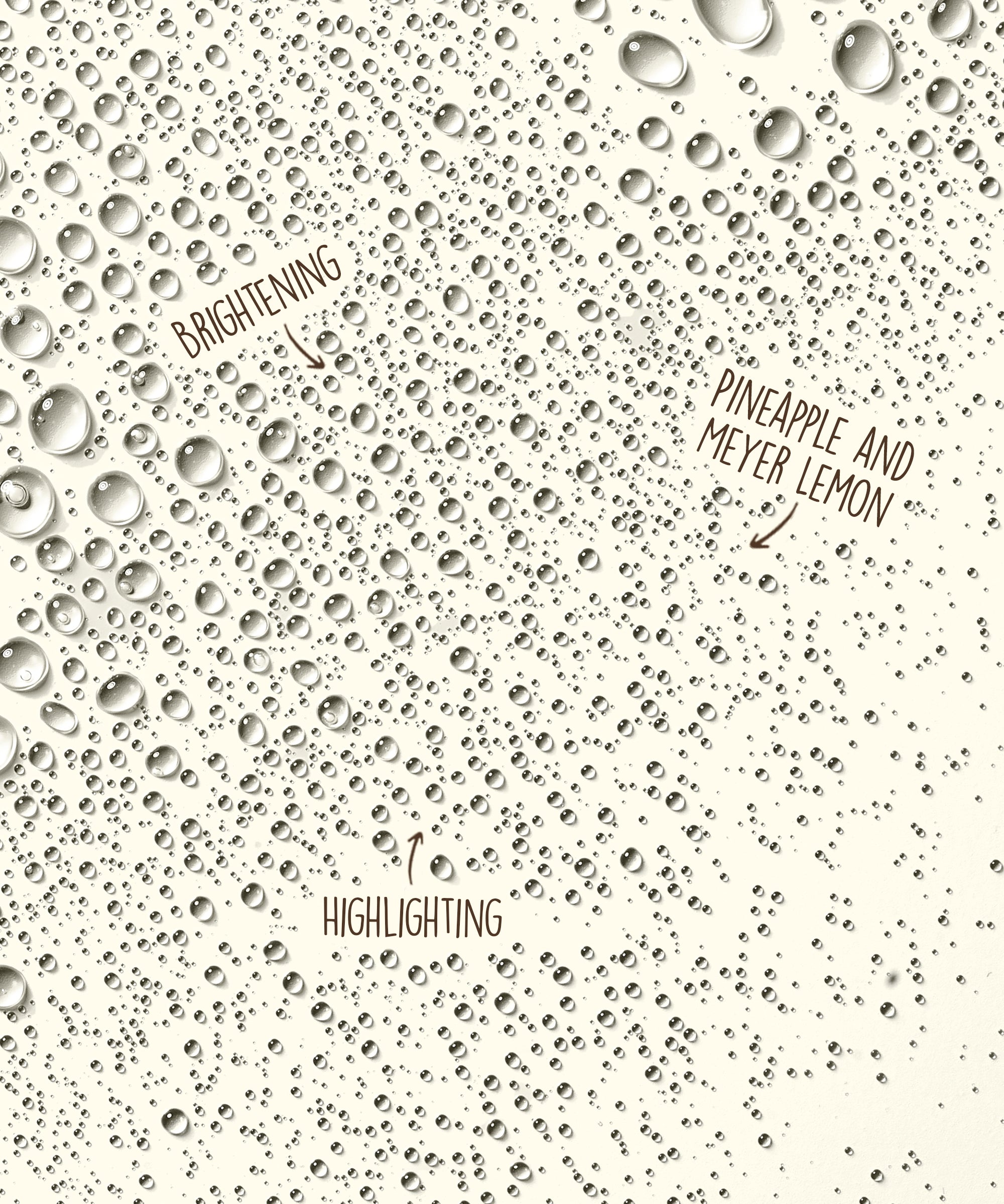 Close-up of water droplets highlighting brightening ingredients like pineapple and Meyer lemon in Blonde Hair Lightener by Sun Bum