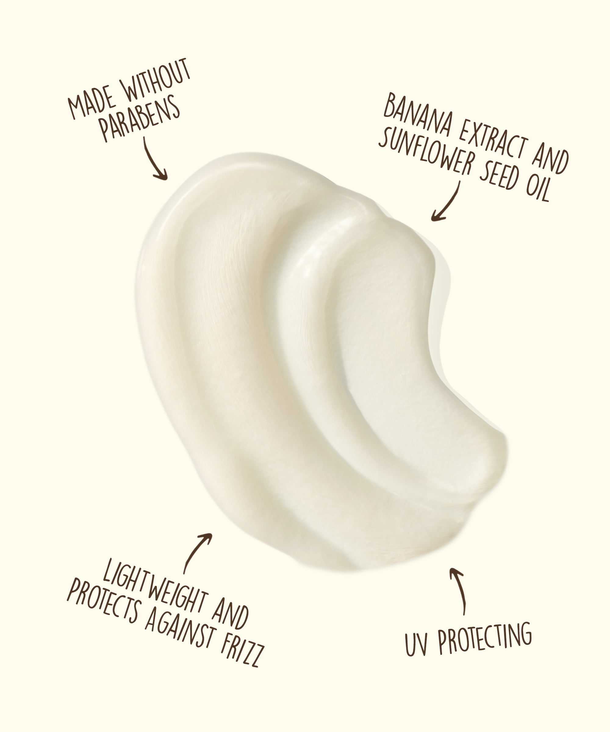 Smooth texture of Revitalizing Air Dry Cream with banana extract, sunflower oil, and UV protection by Sun Bum.
