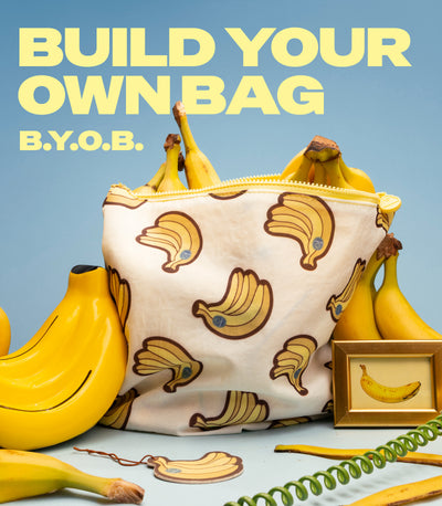 Bag with banana pattern surrounded by bananas and text 'Build Your Own Bag B.Y.O.B.'
