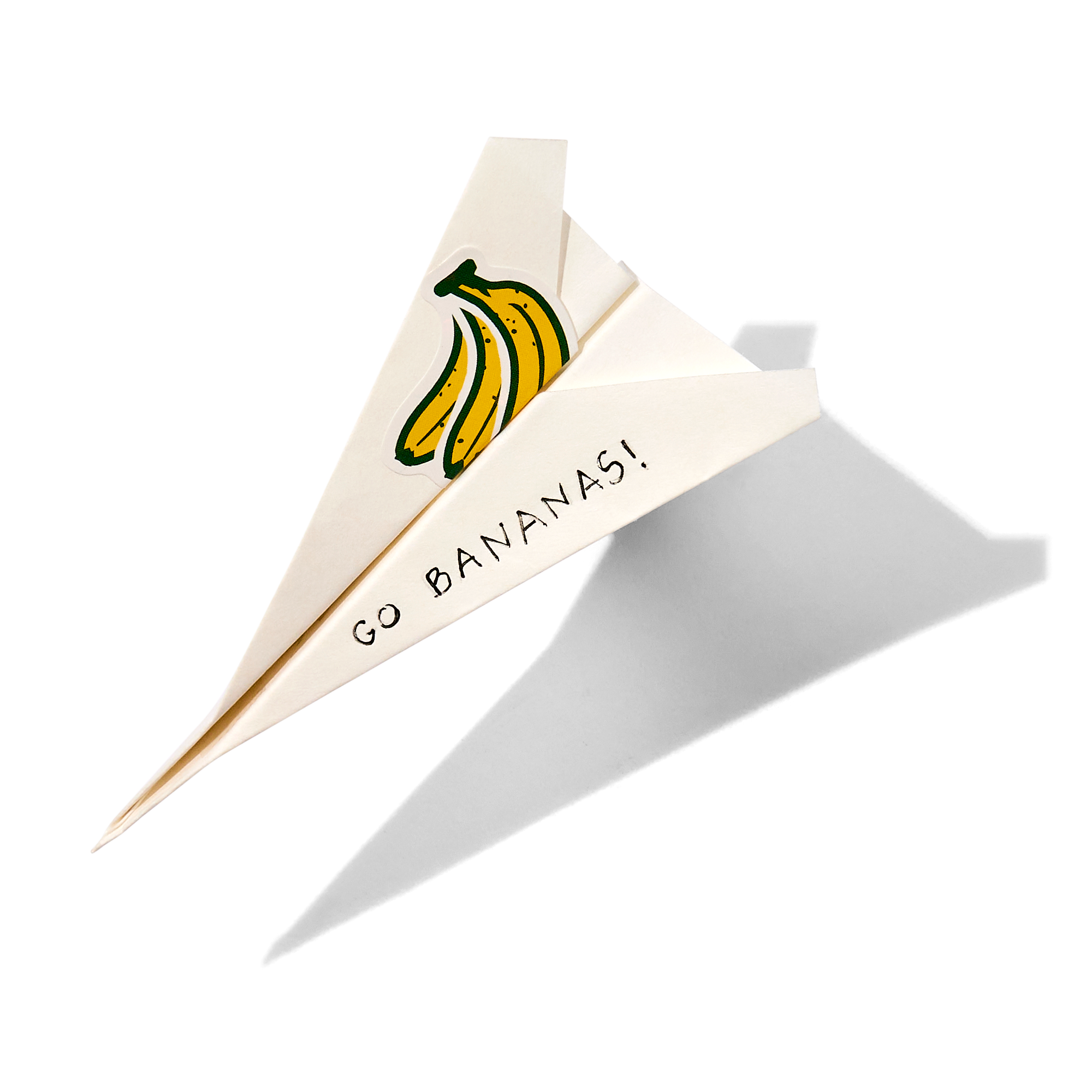 Origami airplane with bananas and 'GO BANANAS!' text on a white background