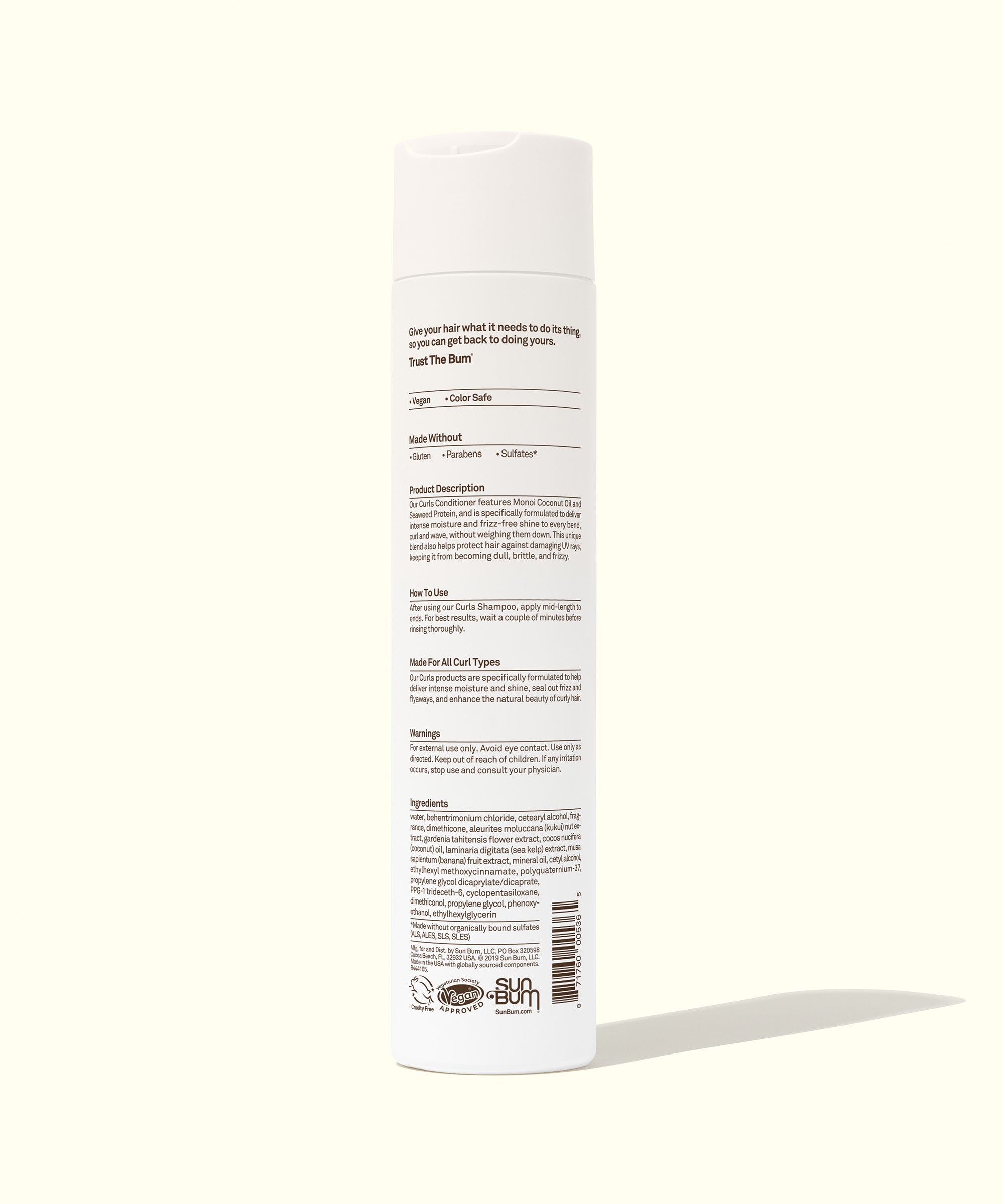 Back of Curls Conditioner bottle showing ingredients and usage details by Sun Bum.