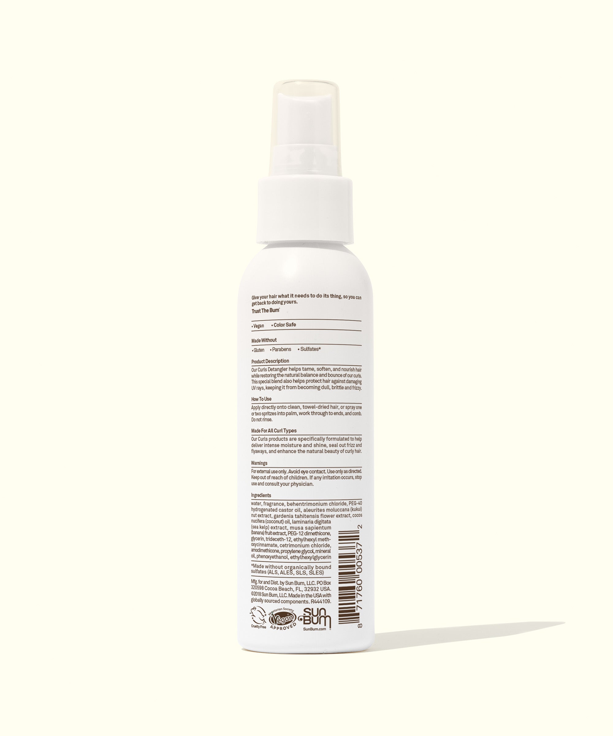 Curls Detangler spray with Kukui Nut and Monoi Coconut Oil for soft, tame curly hair by Sun Bum.