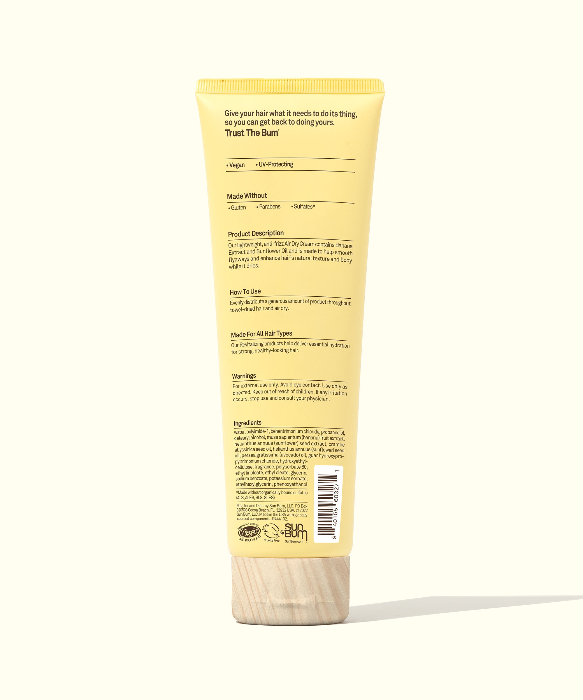 Back view of Revitalizing Air Dry Cream tube with detailed product info by Sun Bum