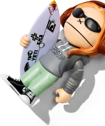 Toy figure of a person with sunglasses holding a surfboard on a transparent background