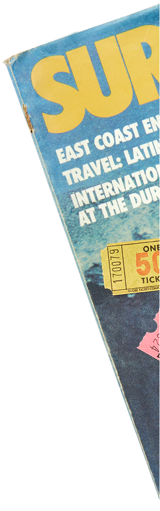 Vintage travel brochure with 'Surf' and travel destinations on a blue background
