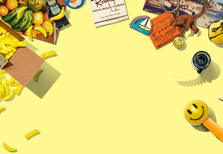Collection of beach-themed items and banana candies on a yellow background