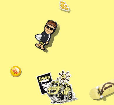 Collection of pins and stickers on a yellow background