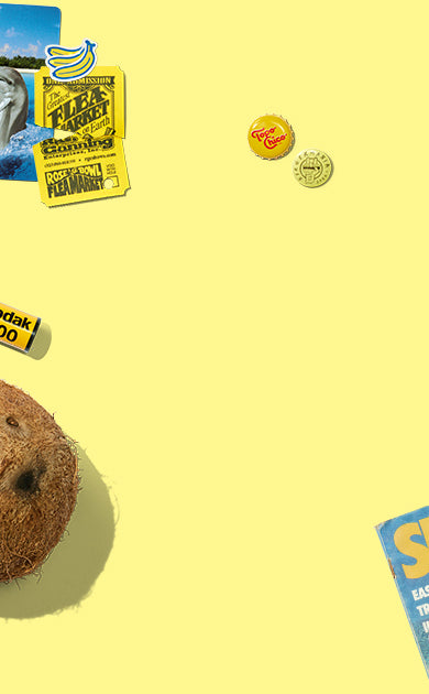 Various small products on a yellow background