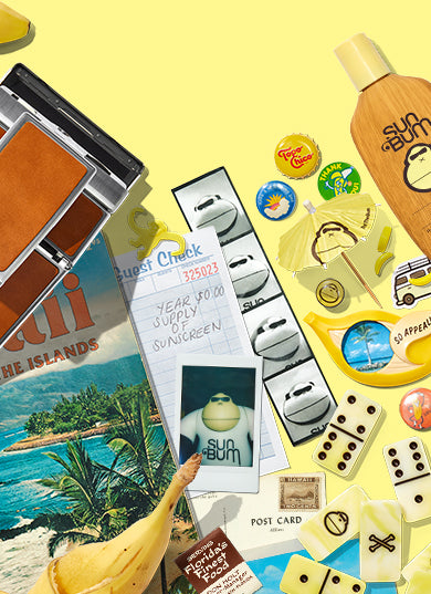 Collection of sun-related products and items on a yellow background