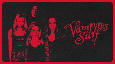 Vampires Surf movie poster print featuring a black textured background with a red border, a large red full moon and witch hat silhouette, and three stylized red faces at the bottom.