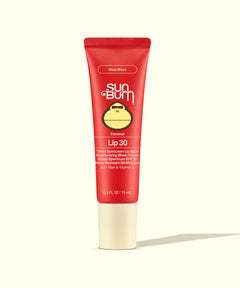 Red tube of Sun Bum lip balm on a white background