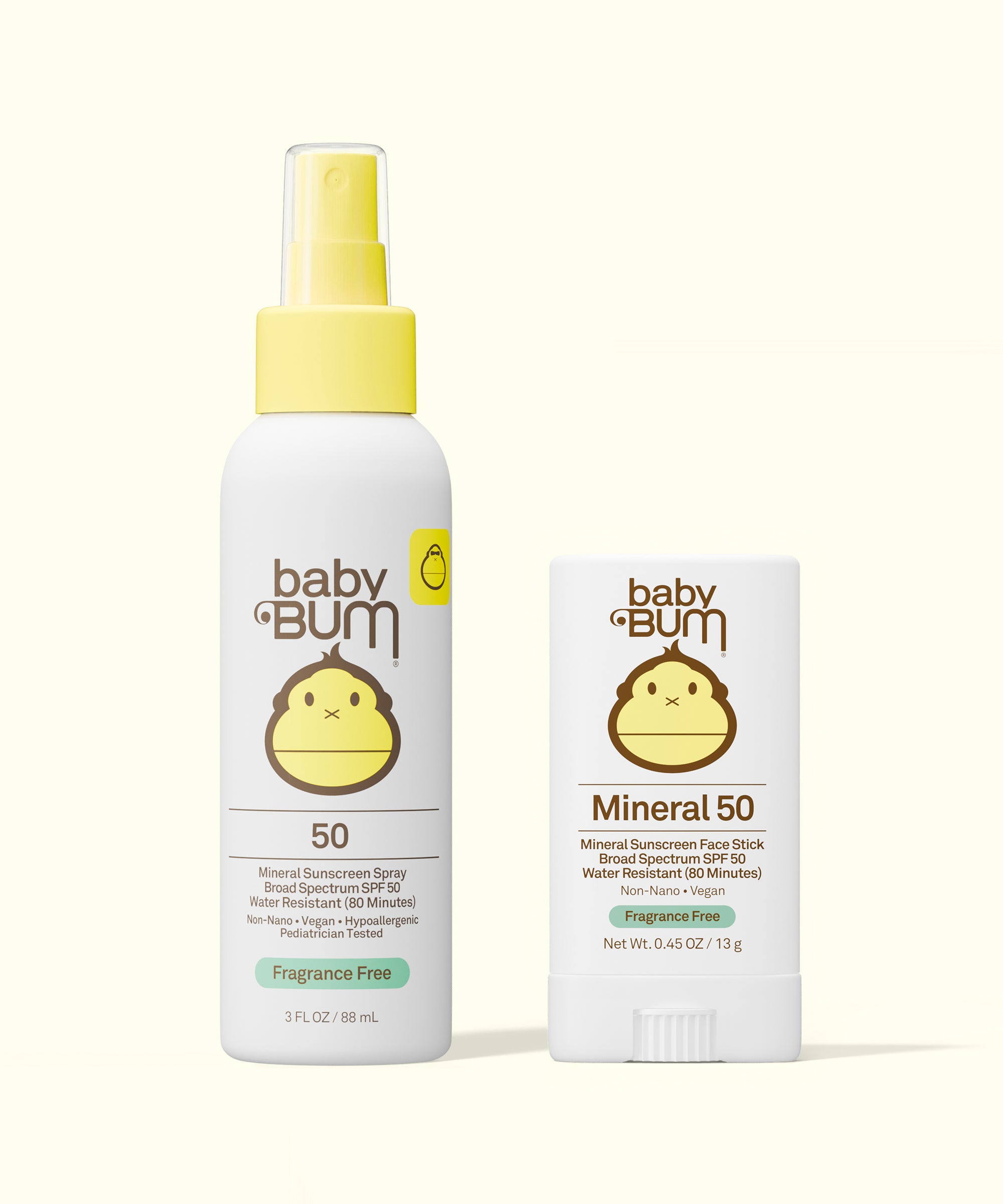 Baby Bum SPF 50 Spray + Stick Bundle with yellow cap spray bottle and mineral face stick side by side