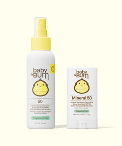 Baby Bum SPF 50 Spray + Stick Bundle with yellow cap spray bottle and mineral face stick side by side