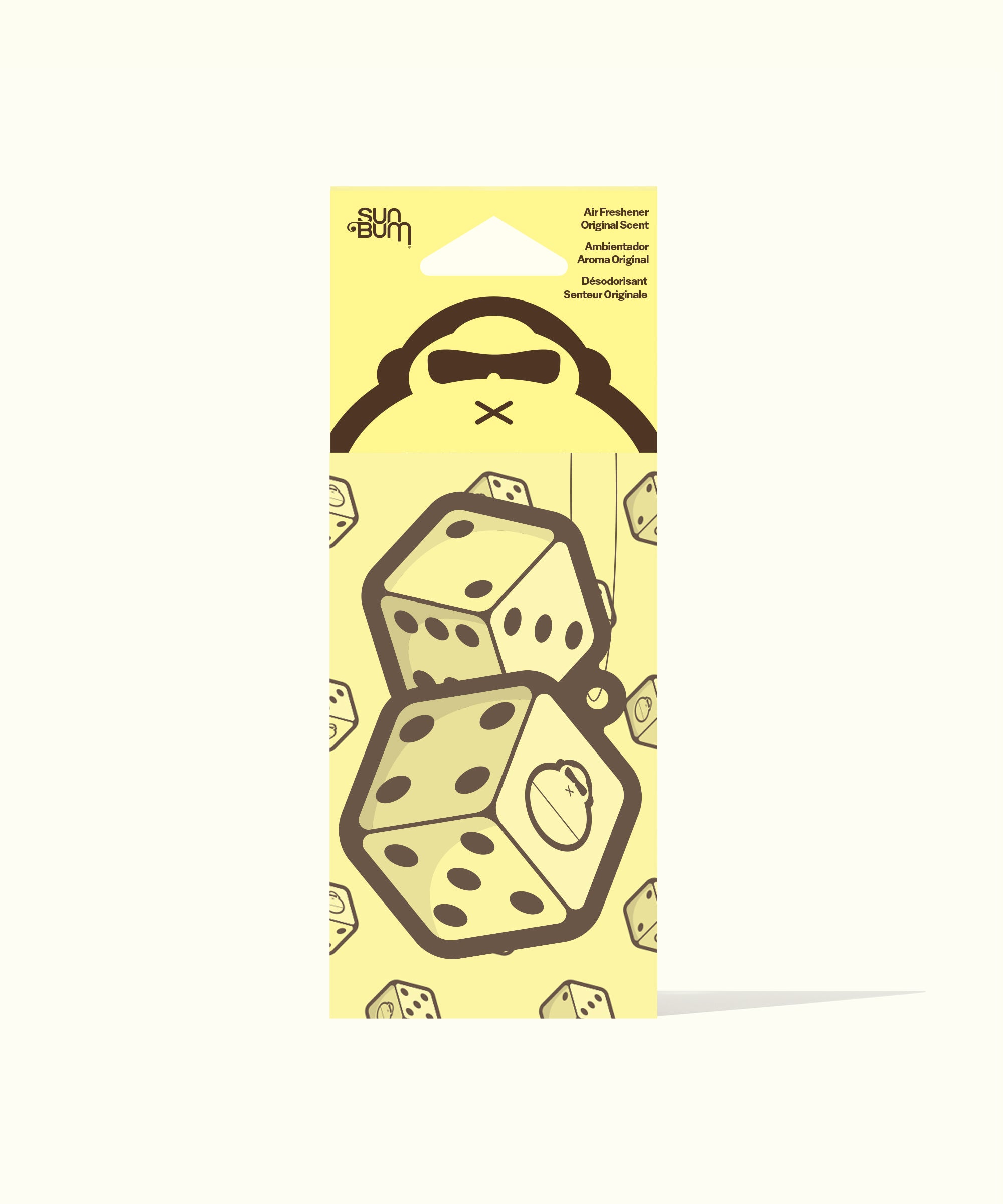 Pack of dice-shaped air fresheners on a yellow background