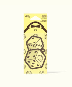 Pack of dice-shaped air fresheners on a yellow background