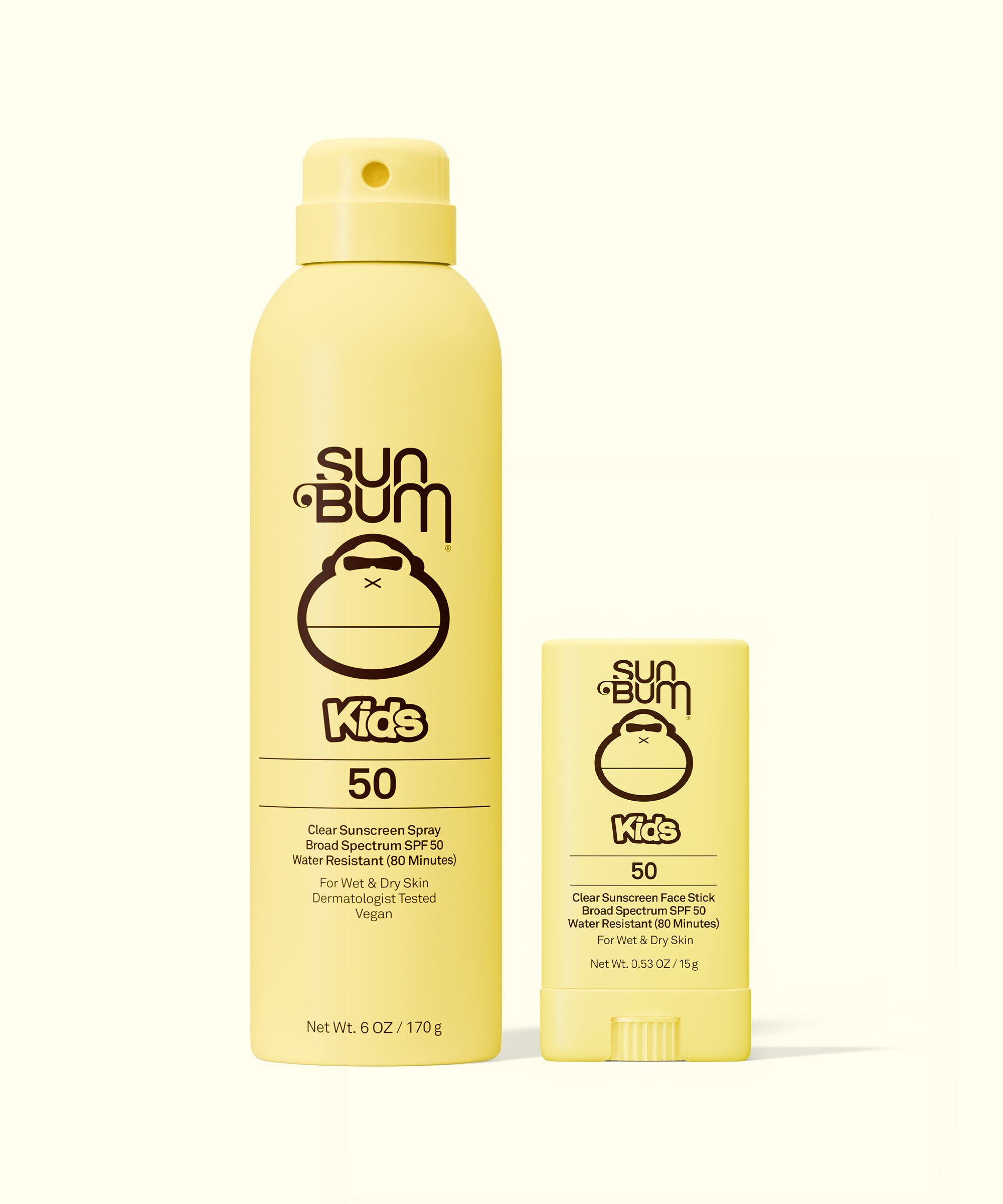Sun Bum Kids sunscreen spray and stick on a white background