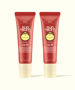 Two Sun Bum tinted lip balm tubes in Bonfire shade displayed side by side for Tinted Lip Duos product.