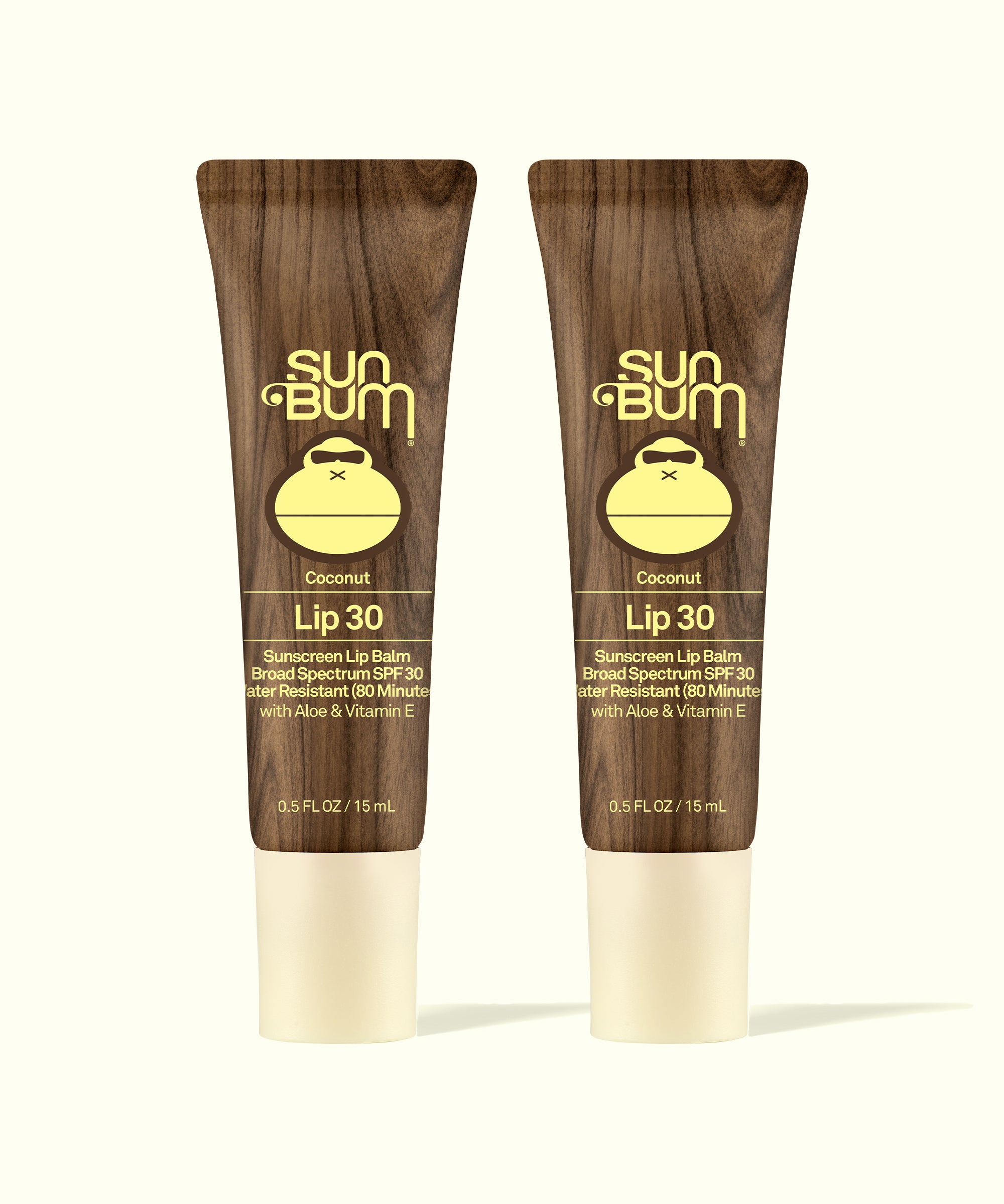 Two Sun Bum Lip 30 Duo: Clear + Clear coconut lip balms with SPF 30 in brown tubes on a white background