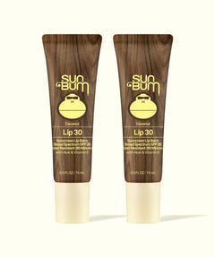 Two Sun Bum Lip 30 Duo: Clear + Clear coconut lip balms with SPF 30 in brown tubes on a white background