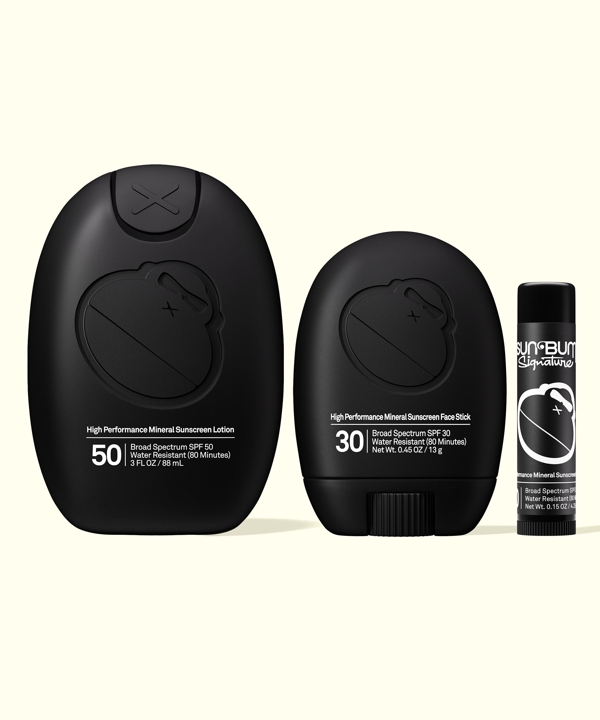 Sun Bum Signature Mineral Lotion, Face Stick & Lip Balm Bundle with SPF 50 lotion, SPF 30 face stick, and lip balm.