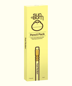 Yellow box of seven No.2 pencils labeled "Sun Bum Pencil Pack" for sketching, scribbling, and drawing. Sun Bum.