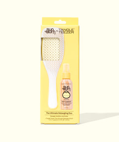 Sun Bum x Tangle Teezer Ultimate Detangling Duo package featuring a white brush with flexible bristles and a spray bottle of leave-in conditioner, set against a bright yellow background. Perfect for on-the-go hair care and protection. Sun Bum