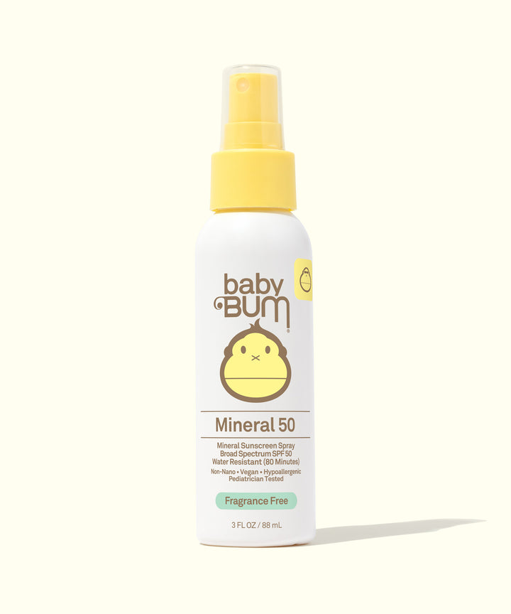 Bottle of Baby Bum Mineral SPF 50 Sunscreen Spray with lightweight, non-greasy formula for kids, Baby Bum.