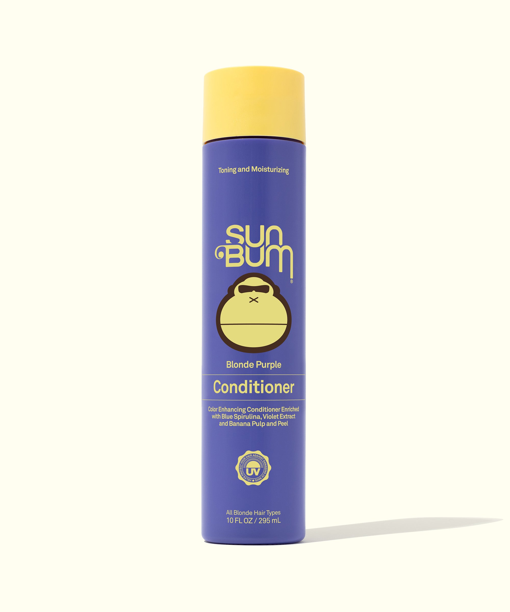 Purple Conditioner - Front view of Sun Bum Blonde Purple Conditioner, detailing product information and ingredients for cooling down warm tones in blonde and brunette hair. Sun Bum.