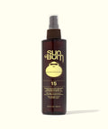 SPF 15 Sunscreen Tanning Oil bottle, perfect for achieving a golden tan while keeping skin silky smooth and protected. Sun Bum