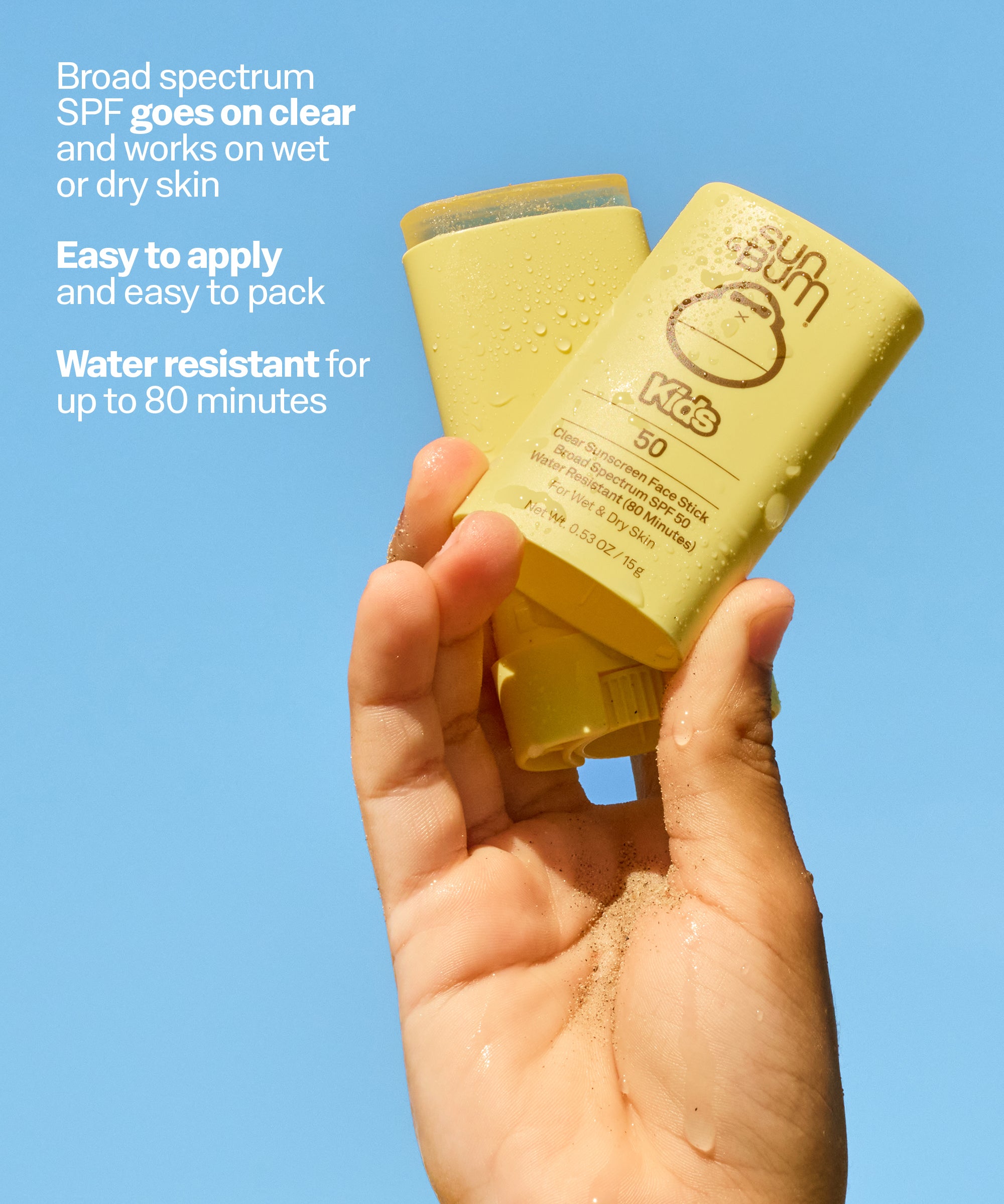 Hand holding a yellow sunscreen bottle with text about its features on a blue background. Broad spectrum
SPF goes on clear and works on wet or dry skin
Easy to apply and easy to pack
Water resistant for up to 80 minutes.