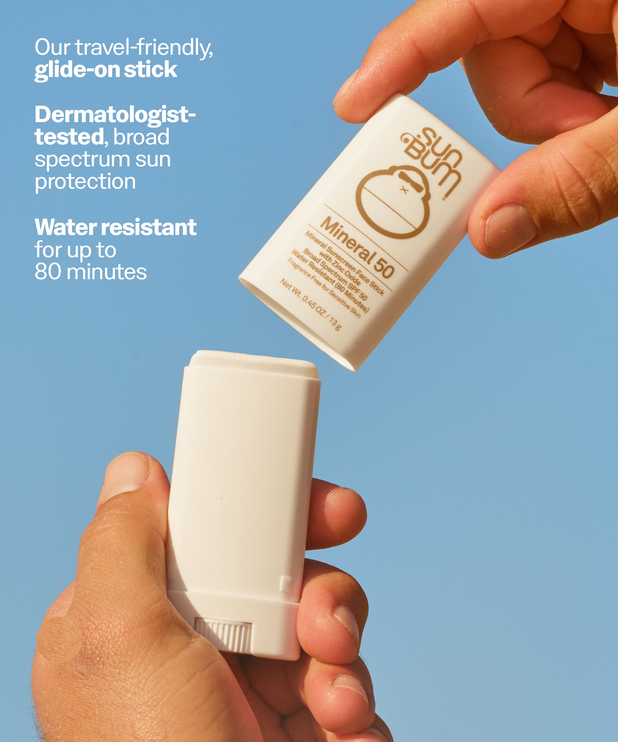 Two sun protection sticks held by hands with promotional text on a blue background