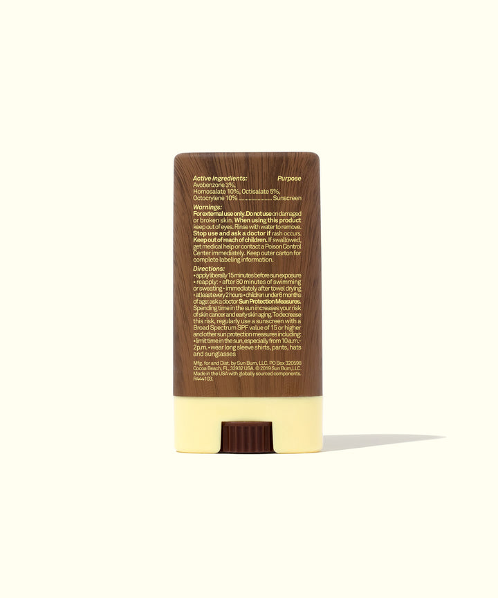 Back view of the Original SPF 30 Sunscreen Face Stick showing product details, compact design, and sleek packaging. Sun Bum.